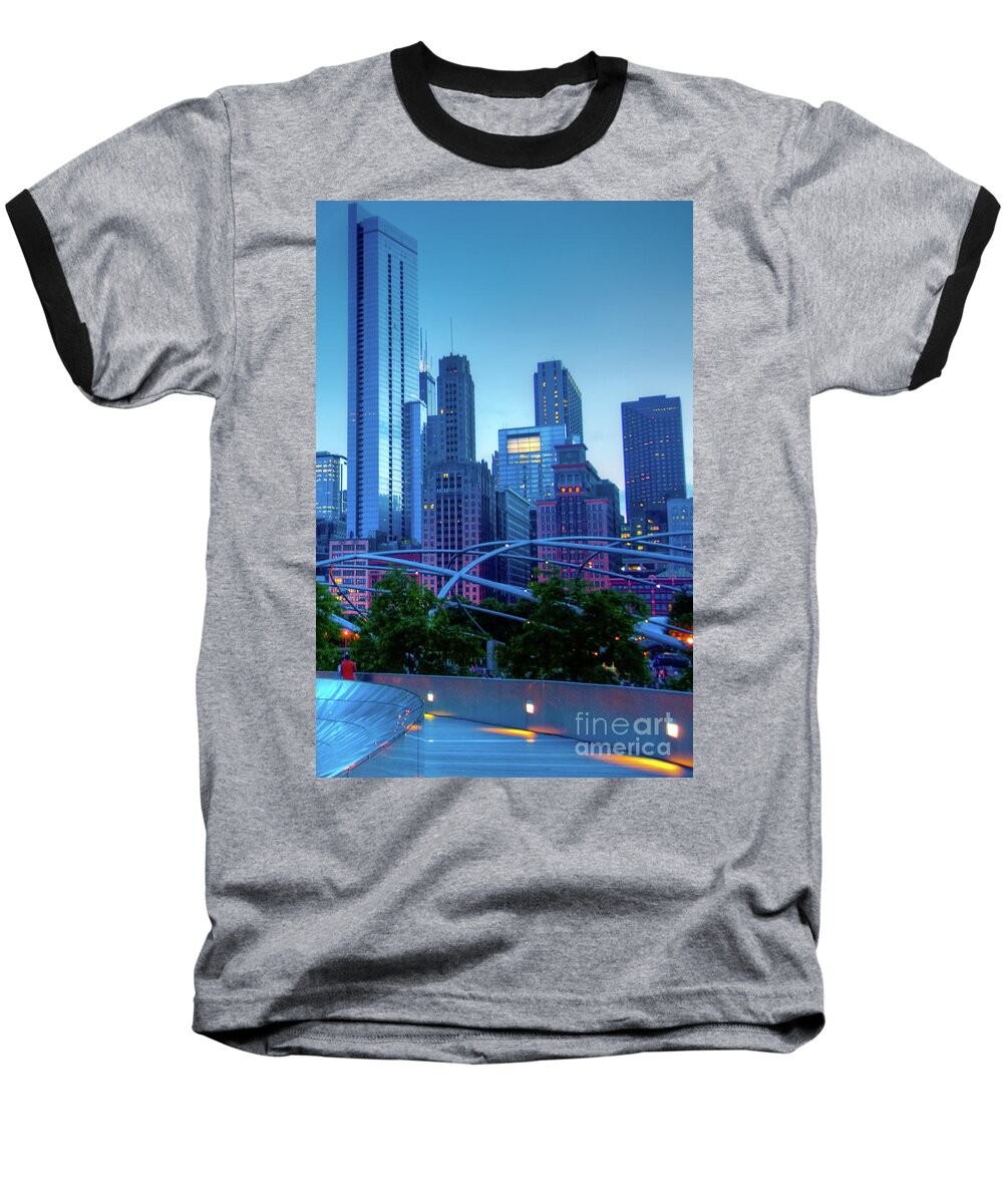 Amoco Bridge Baseball T-Shirt featuring the photograph A View of Millenium Park from the Amoco Bridge in Chicago at Dus by David Levin