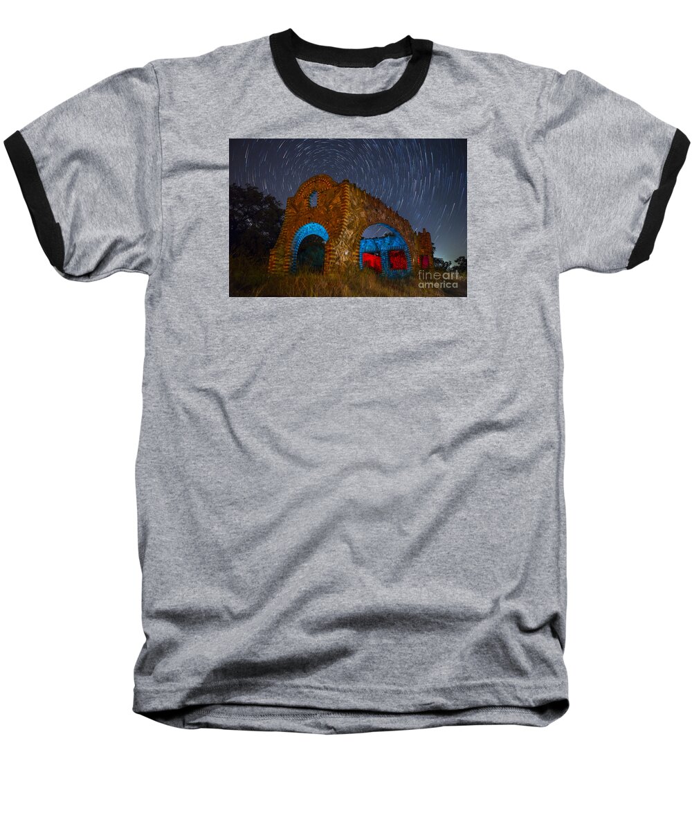 Night Time Photography Baseball T-Shirt featuring the photograph Abandoned Outlaw Gas Station by Keith Kapple