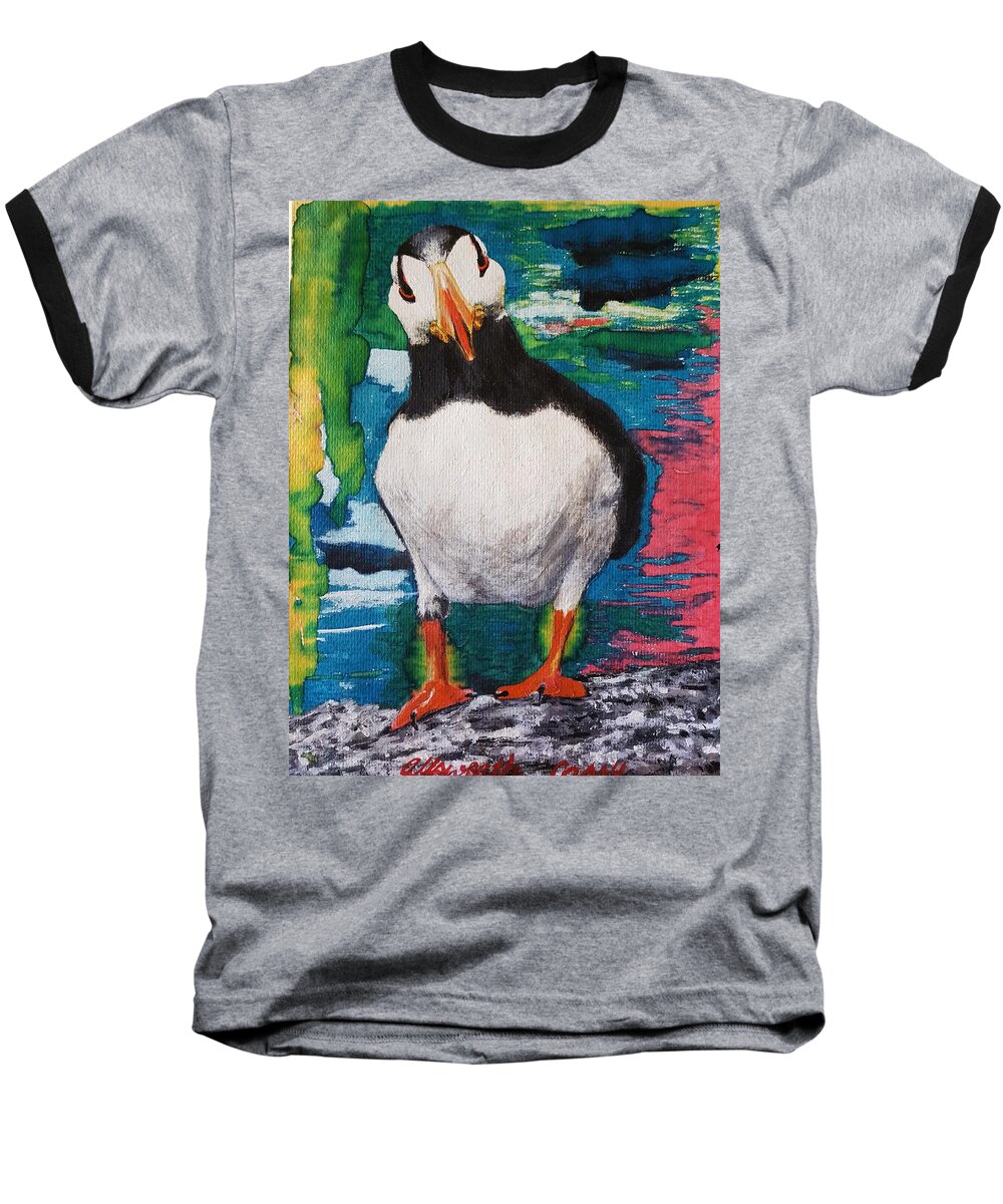 Birds Baseball T-Shirt featuring the painting Ace  Puffin Huff by Cassy Allsworth