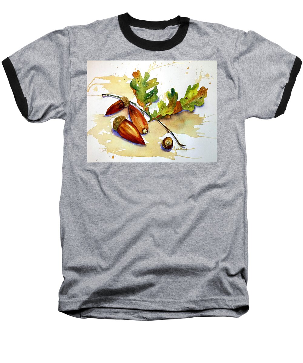 Acorns Baseball T-Shirt featuring the painting Acorns and Leaves by Hilda Vandergriff