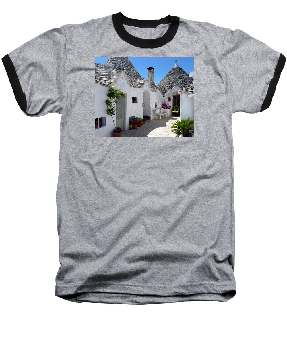 Alberobello Baseball T-Shirt featuring the photograph Alberobello Courtyard with Trulli by Carla Parris