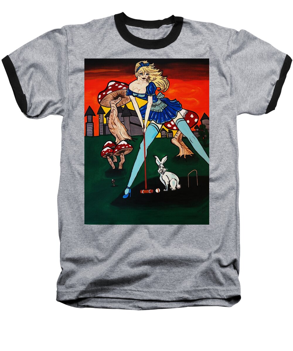 Alice In Wonderland Baseball T-Shirt featuring the painting ALICE'S in wonderland by Nora Shepley