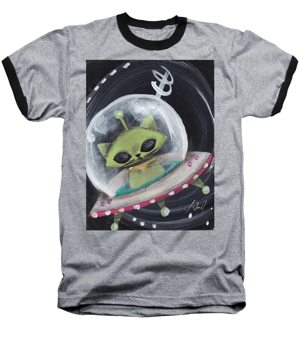 Mid Century Modern Baseball T-Shirt featuring the painting Alien Green Space Cat by Abril Andrade