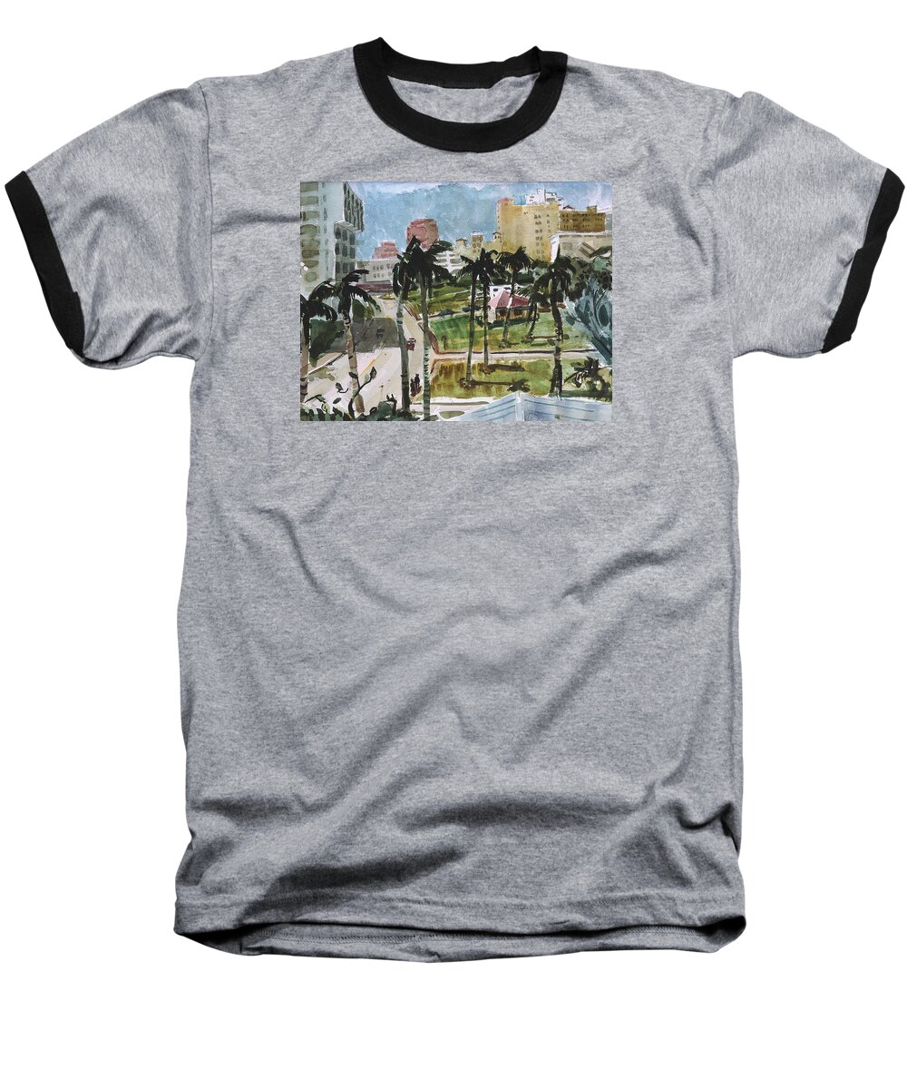 City Baseball T-Shirt featuring the painting Along Flagler Drive by Thomas Tribby