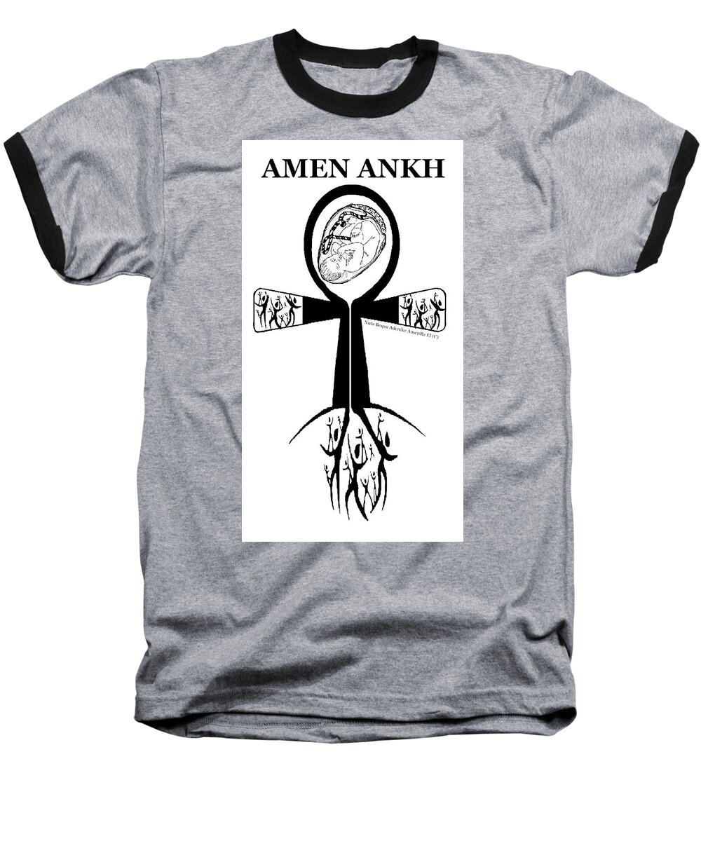 Amen Ankh Baseball T-Shirt featuring the digital art Amen Ankh bw by Adenike AmenRa