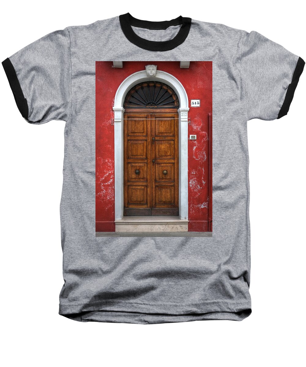 Door Baseball T-Shirt featuring the photograph an old wooden door in Italy by Joana Kruse