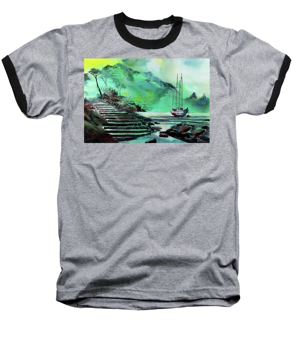 Nature Baseball T-Shirt featuring the painting Anchored by Anil Nene