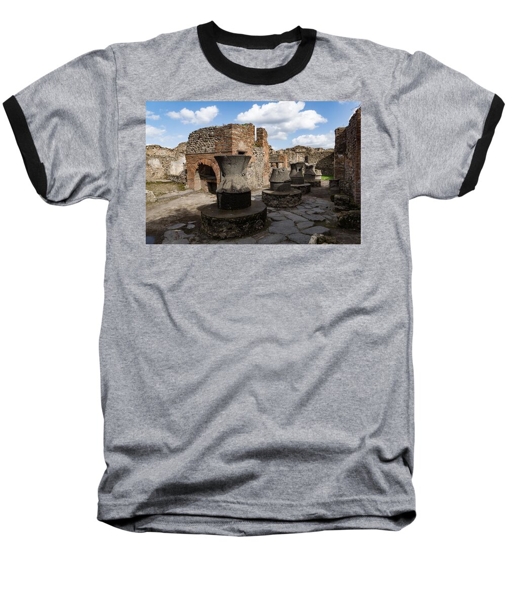 Georgia Mizuleva Baseball T-Shirt featuring the photograph Ancient Pompeii - Bakery of Modestus Millstones and Bread Oven by Georgia Mizuleva