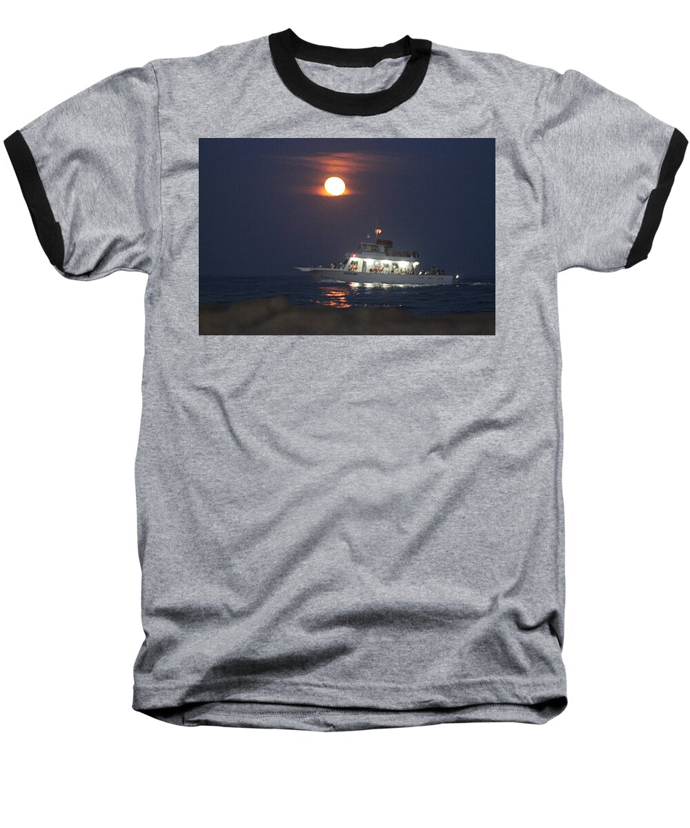 Boat Baseball T-Shirt featuring the photograph Angler Cruises Under Full Moon by Robert Banach
