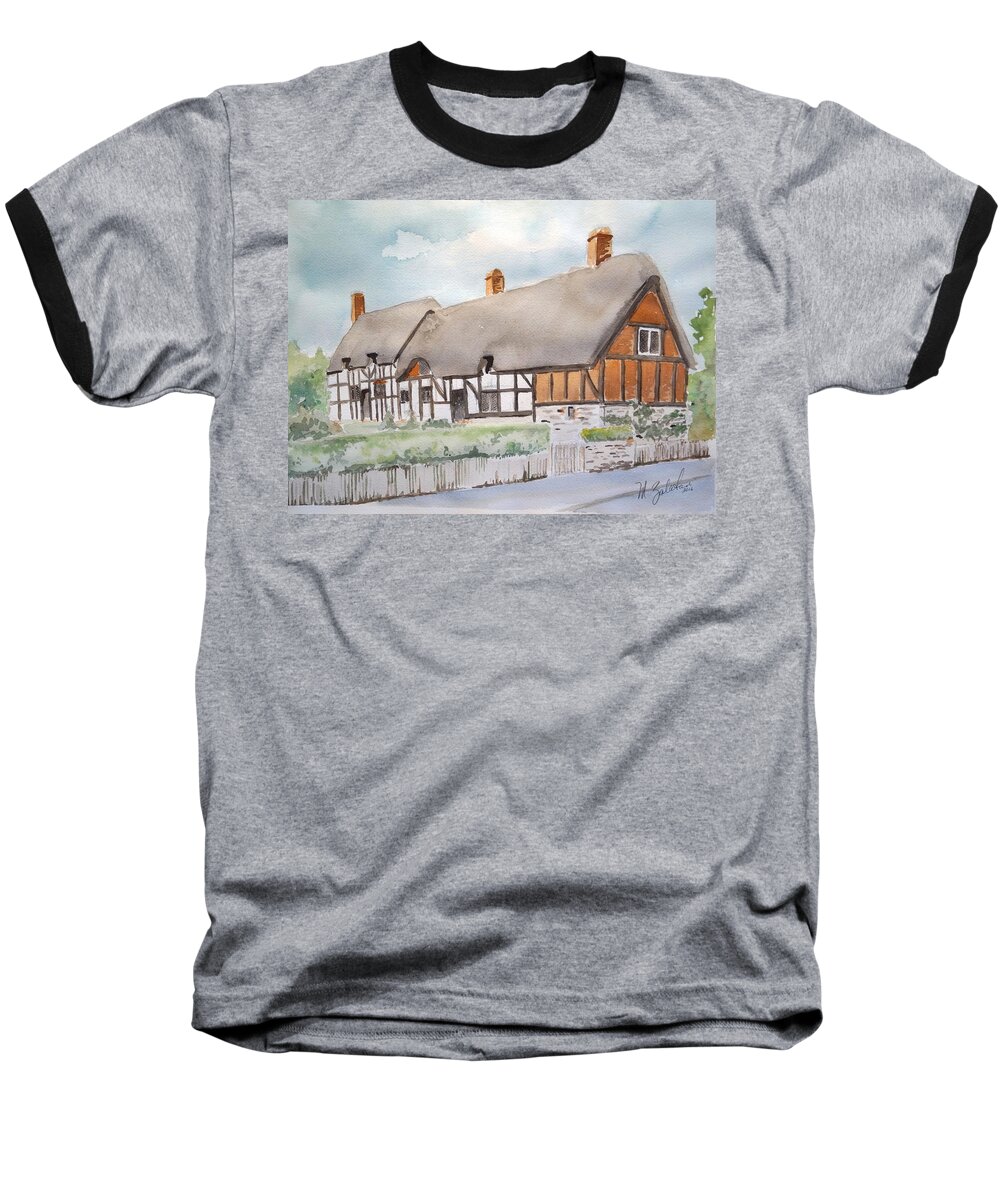 Shakespeare Baseball T-Shirt featuring the painting Anne Hathaway's Cottage by Marilyn Zalatan