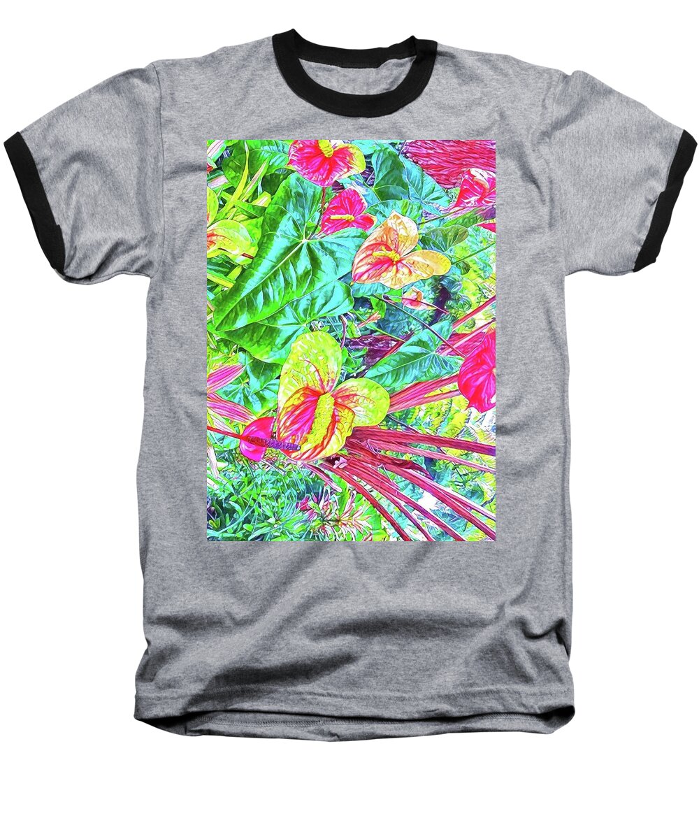 Anthuriums Pink Turquoise Tropical Hawaii Flowers Of Aloha Baseball T-Shirt featuring the photograph Anthuriums Pink and Turquoise by Joalene Young