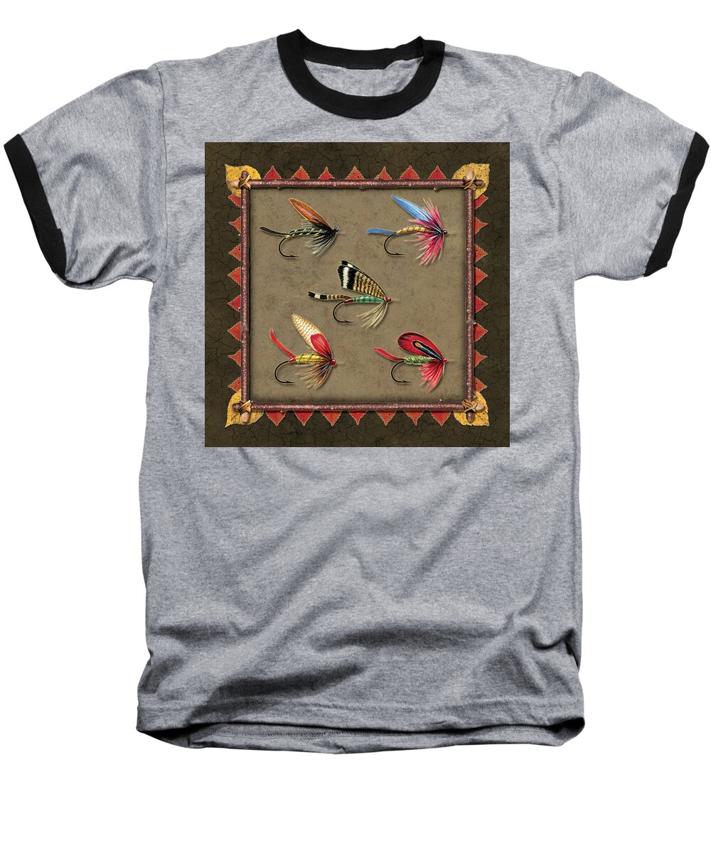 Jon Q Wright Jq Licensing Trout Fly Flyfishing Brown Trout Rainbow Trout Brook Trout Cutthroat Trout Fishing Lodge Cabin Baseball T-Shirt featuring the painting Antique Fly Panel by JQ Licensing