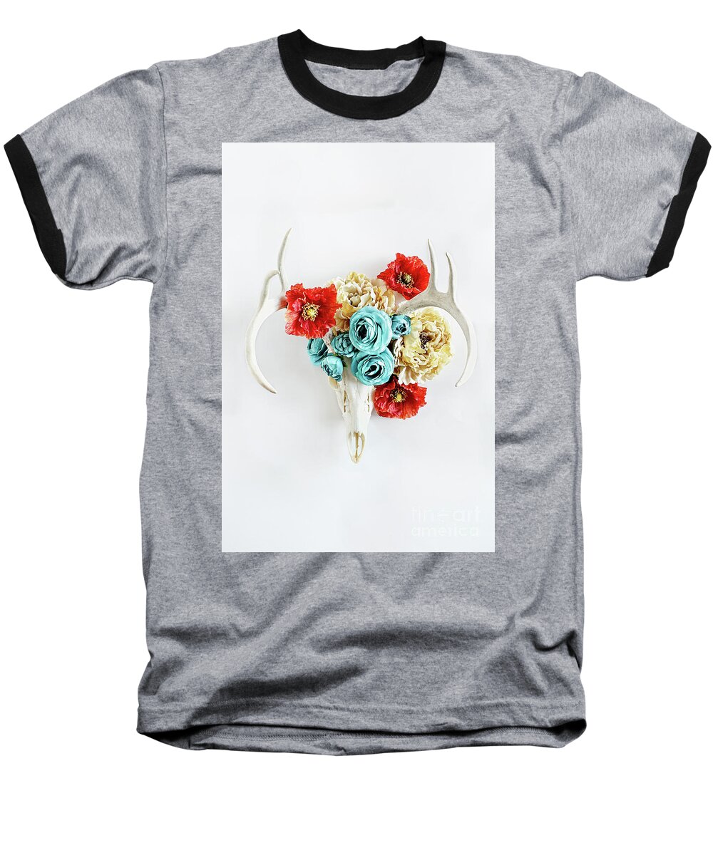 Deer Baseball T-Shirt featuring the photograph Antlers and Florals by Stephanie Frey