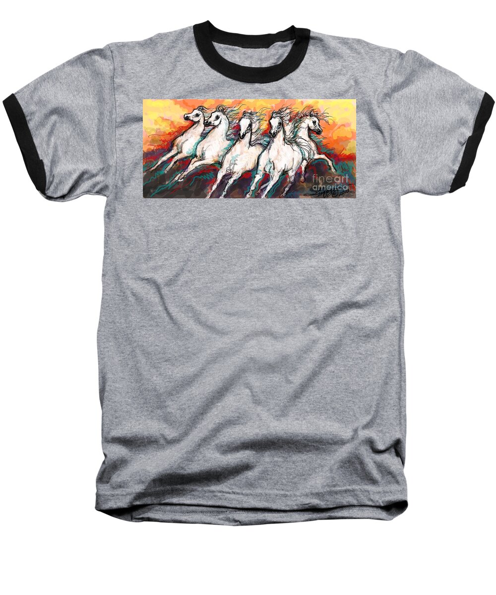 Arabian Horses Baseball T-Shirt featuring the digital art Arabian Sunset Horses by Stacey Mayer