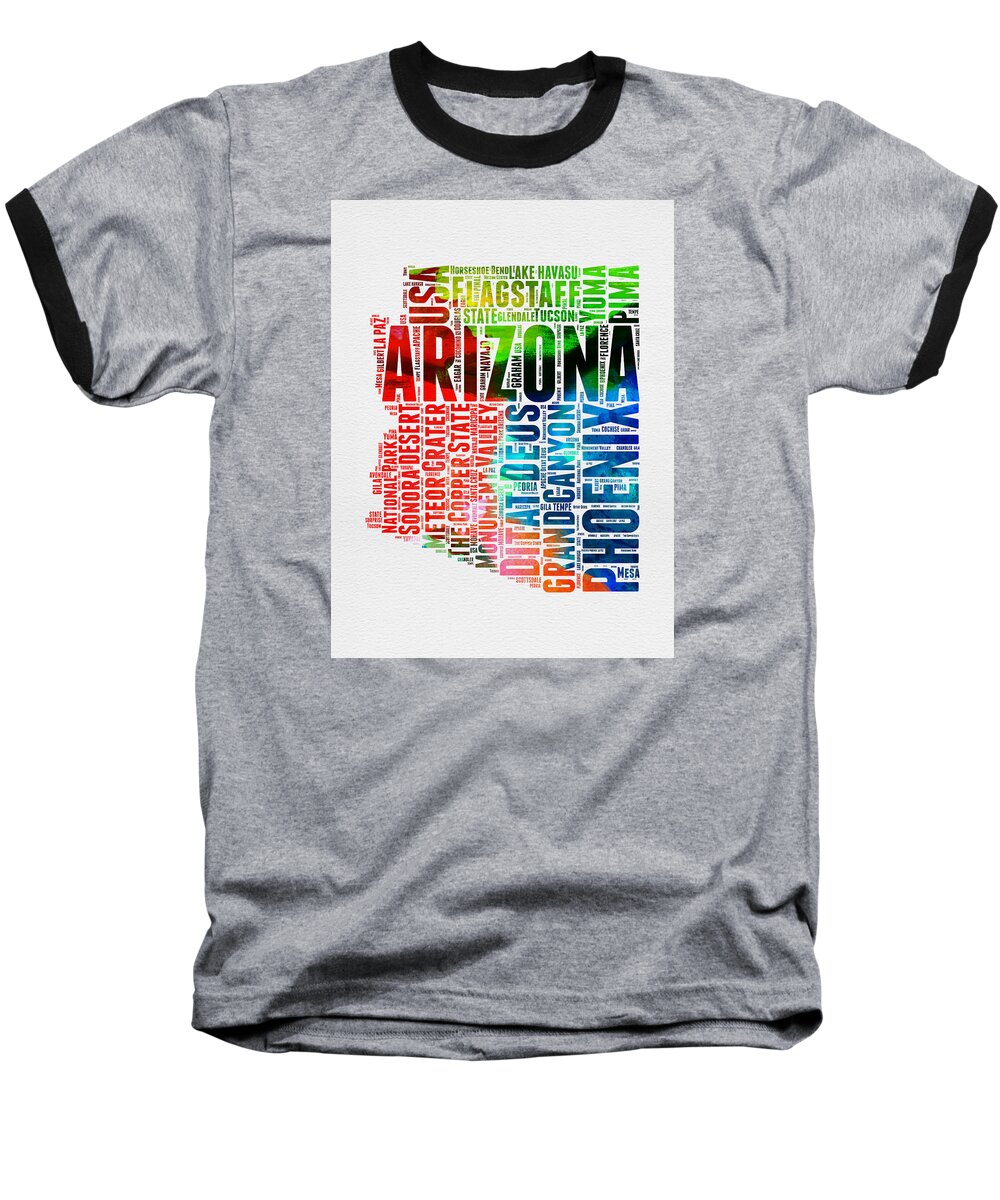 Arizona Baseball T-Shirt featuring the digital art Arizona Watercolor Word Cloud Map by Naxart Studio