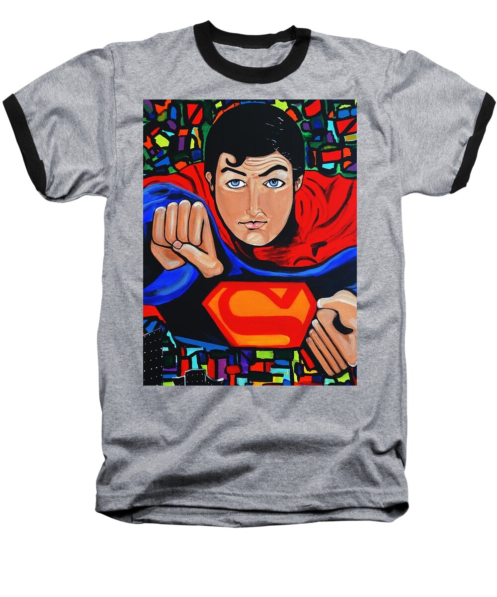 Superman Baseball T-Shirt featuring the painting Art Deco Superman by Nora Shepley