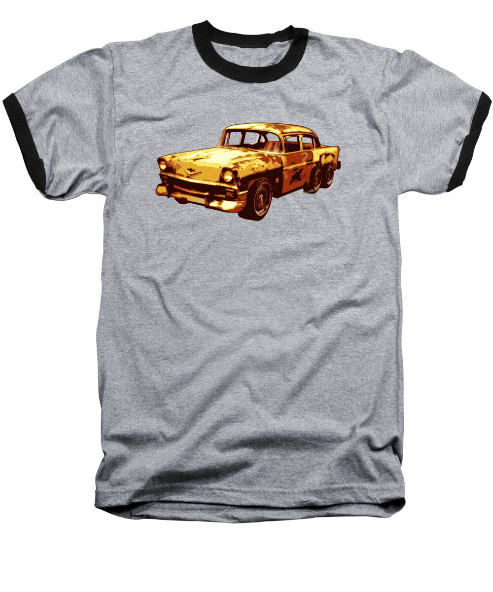 Roadrunner Baseball T-Shirt featuring the photograph Roadrunner The Snake and The 56 Chevy Rat Rod by Chas Sinklier