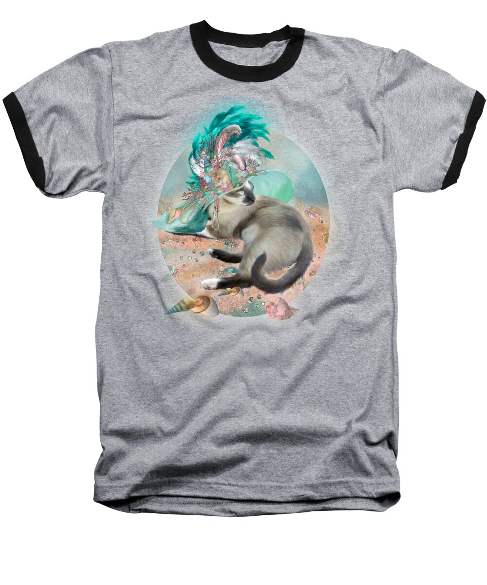 Cat Baseball T-Shirt featuring the mixed media Cat In Summer Beach Hat by Carol Cavalaris