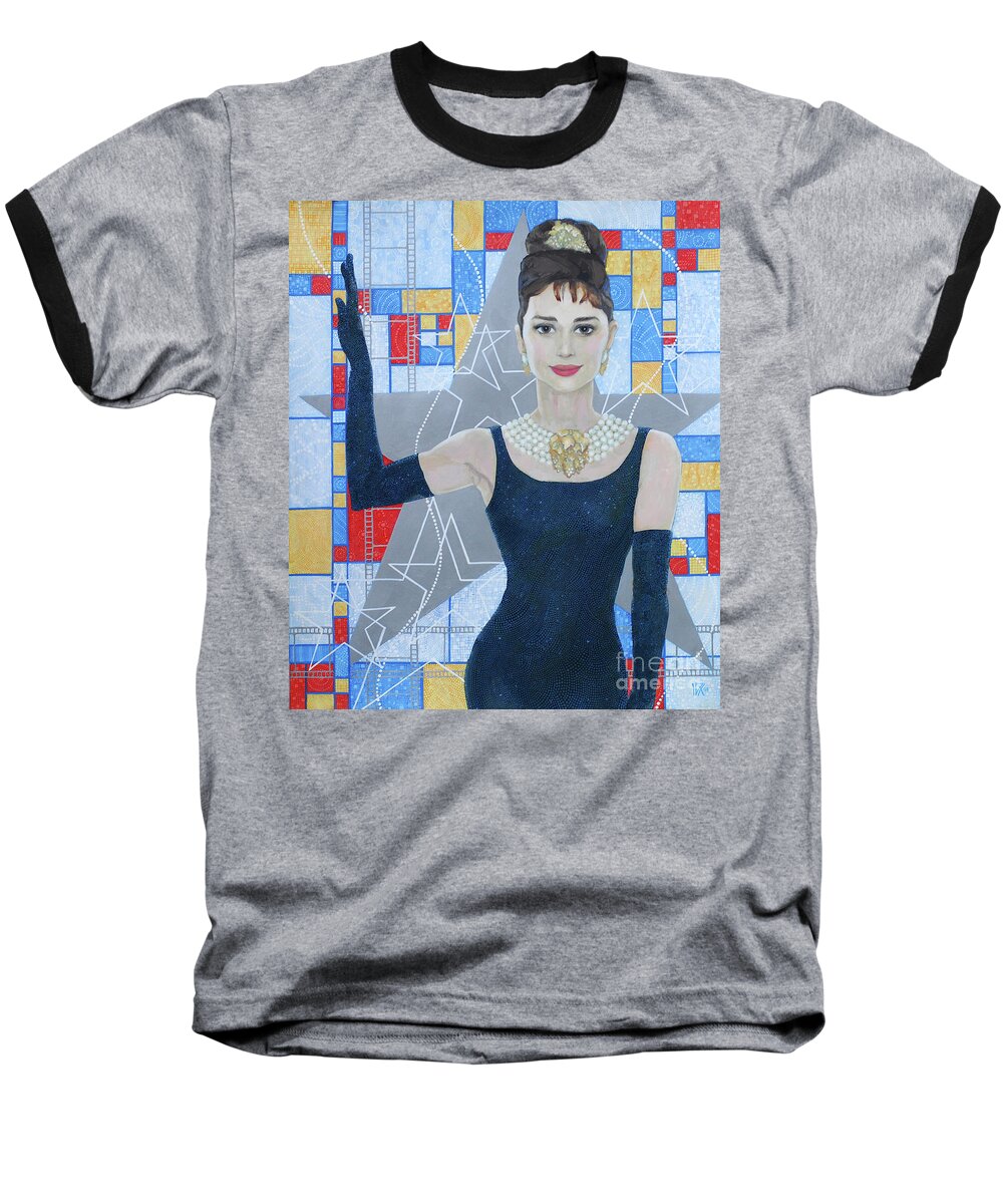 Audrey Hepburn Baseball T-Shirt featuring the painting Audrey Hepburn, Old Hollywood, celebrity portrait by Julia Khoroshikh