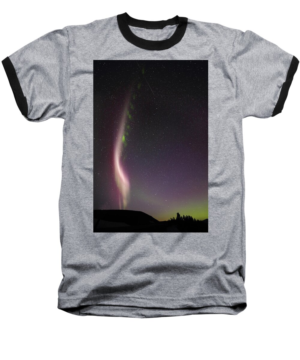 Aurora Baseball T-Shirt featuring the photograph Auroral Phenomonen known as Steve with a large Meteor by Jean Clark