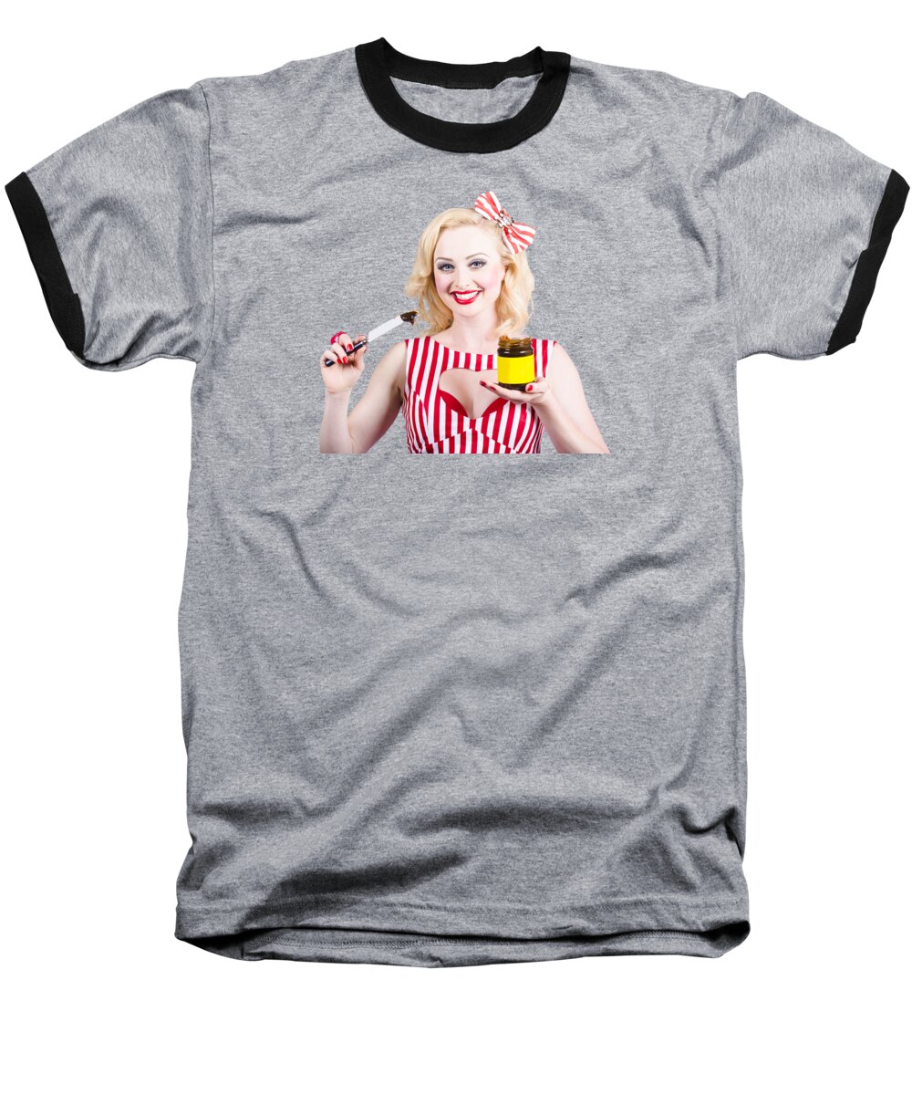 Kitchen Baseball T-Shirt featuring the photograph Australian pinup woman holding sandwich spread by Jorgo Photography