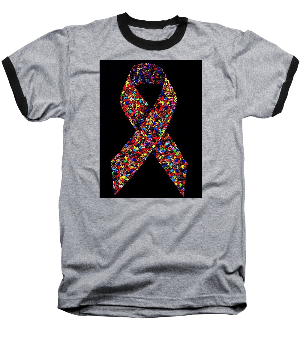 Autism Baseball T-Shirt featuring the mixed media Autism Awareness Ribbon by Doug Powell
