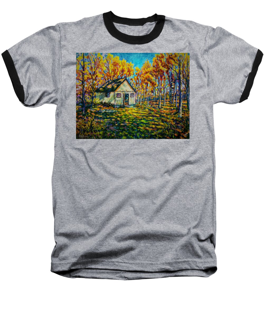 Green County Baseball T-Shirt featuring the painting Autumn Cabin Trip by Michael Gross