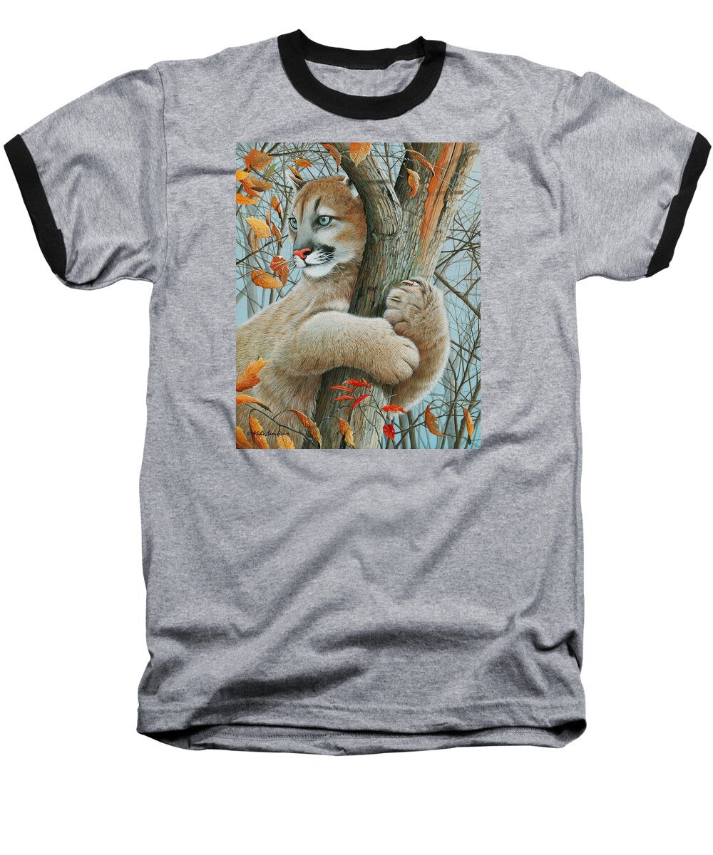 Cougar Kitten Baseball T-Shirt featuring the painting Autumn Dew by Mike Brown