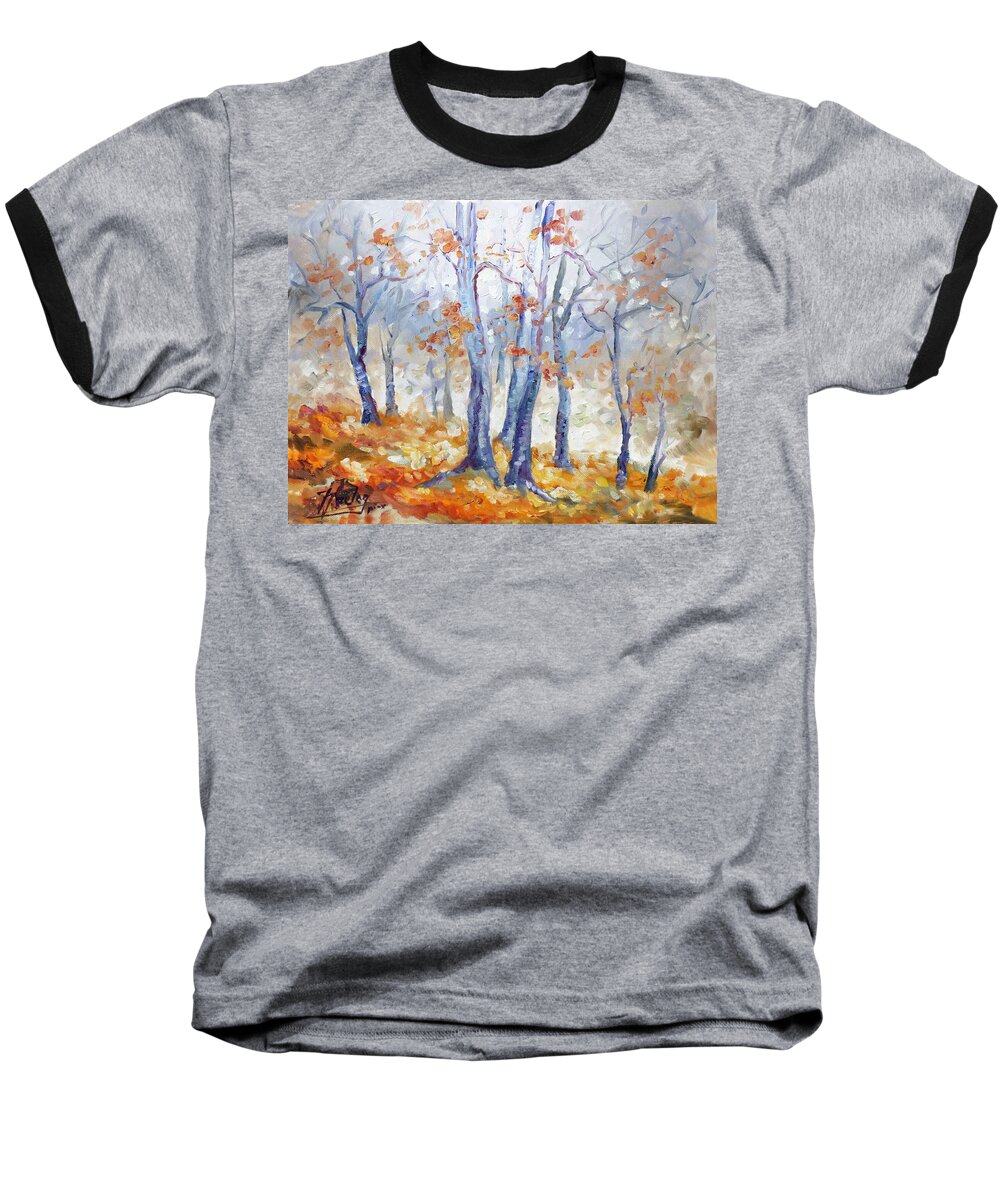 Forest Baseball T-Shirt featuring the painting Autumn mist - morning by Irek Szelag