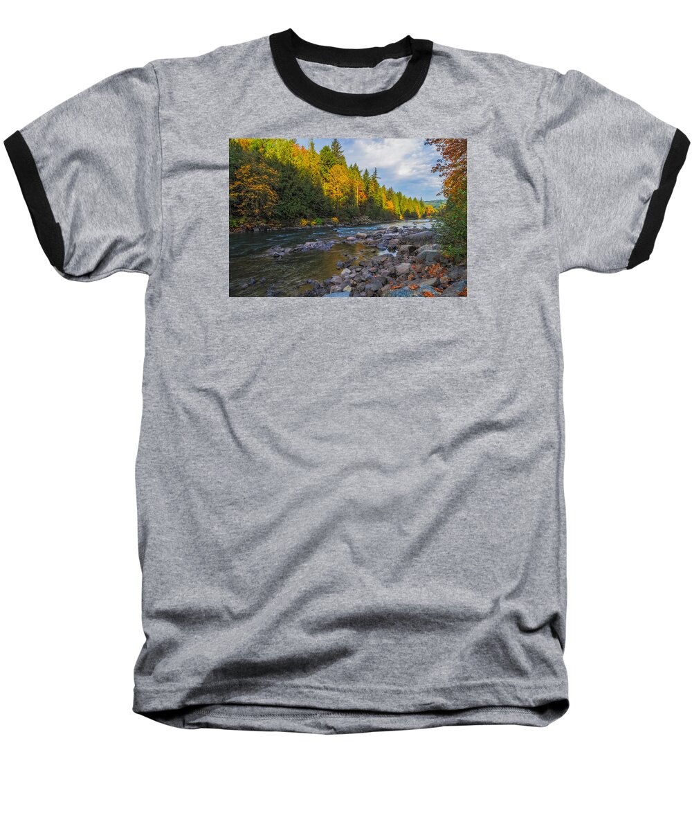 River Baseball T-Shirt featuring the photograph Autumn Morning Light on the Snoqualmie by Ken Stanback