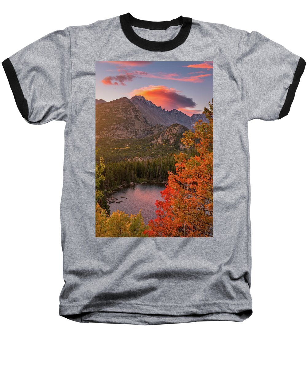 Sunrise Baseball T-Shirt featuring the photograph Autumn Sunrise over Longs Peak by Darren White