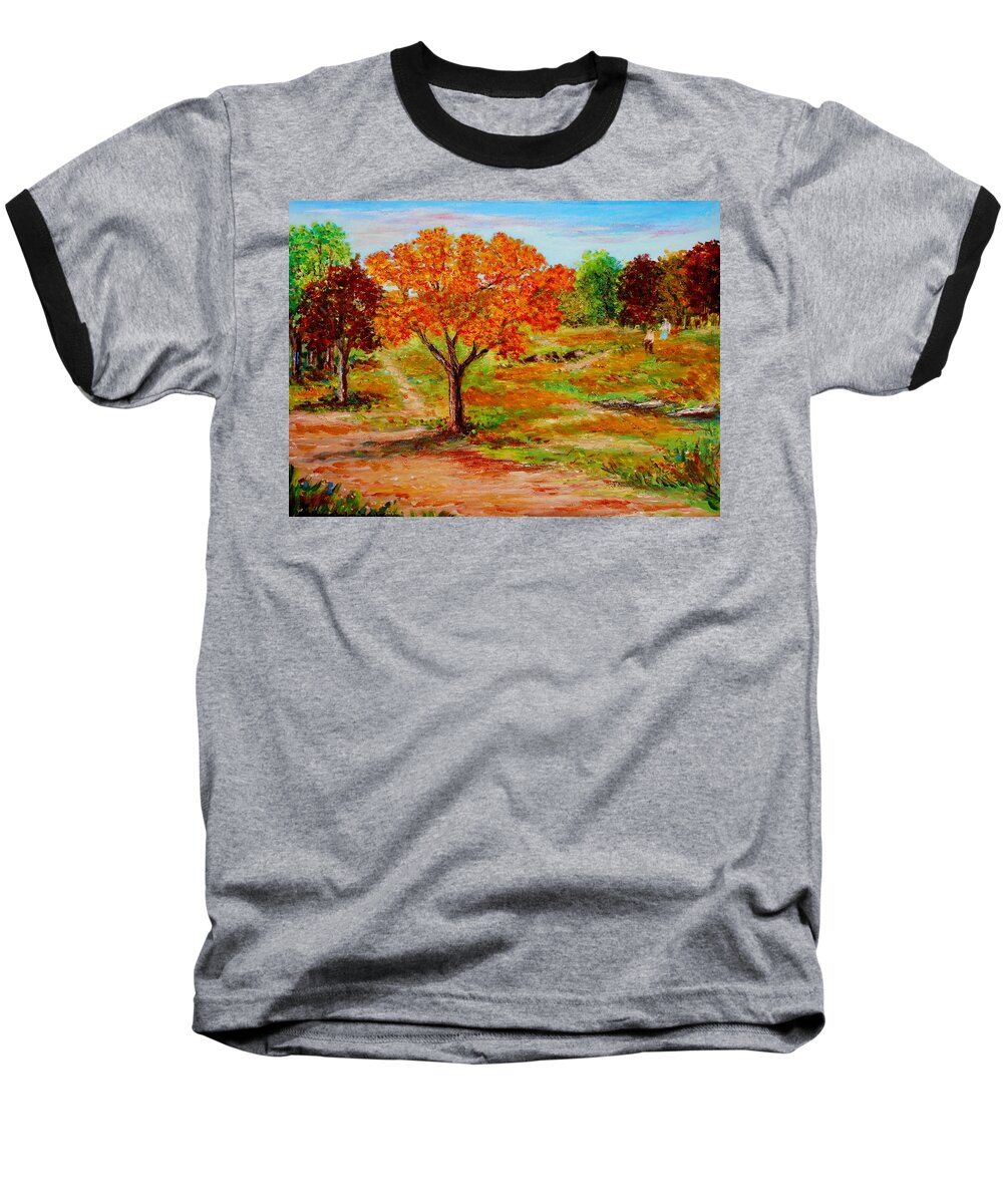 Landscapes Canvas Prints Originals Impressionism Pathways Acrylic On Canvastrees Baseball T-Shirt featuring the painting Autumn trees by Konstantinos Charalampopoulos