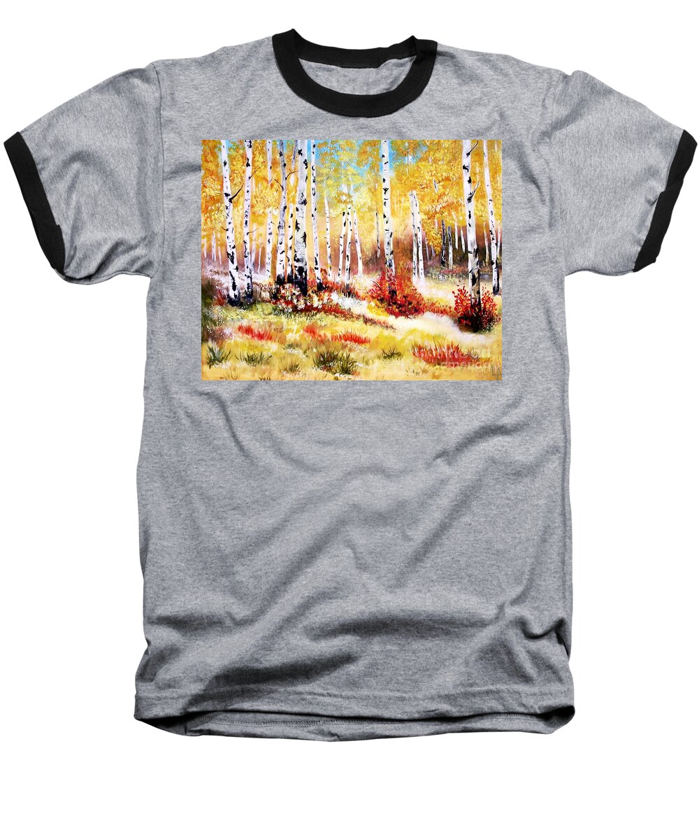 Aspen Baseball T-Shirt featuring the painting Autumns Gold by Leslie Allen