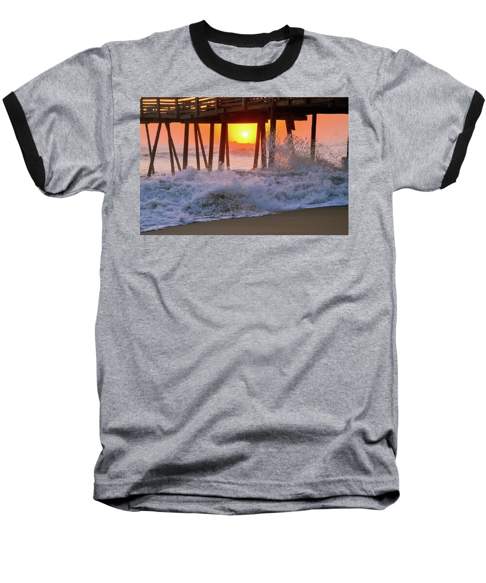 Avalon Baseball T-Shirt featuring the photograph Avalon Fishing Pier Sunrise by Joe Ormonde