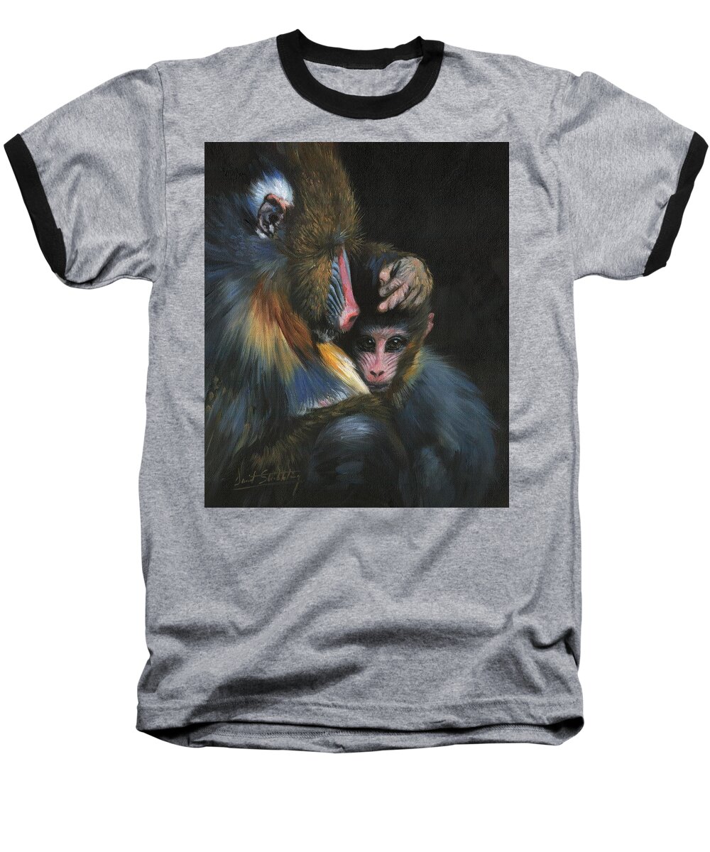 Baboob Baseball T-Shirt featuring the painting Baboon Mother and Baby by David Stribbling