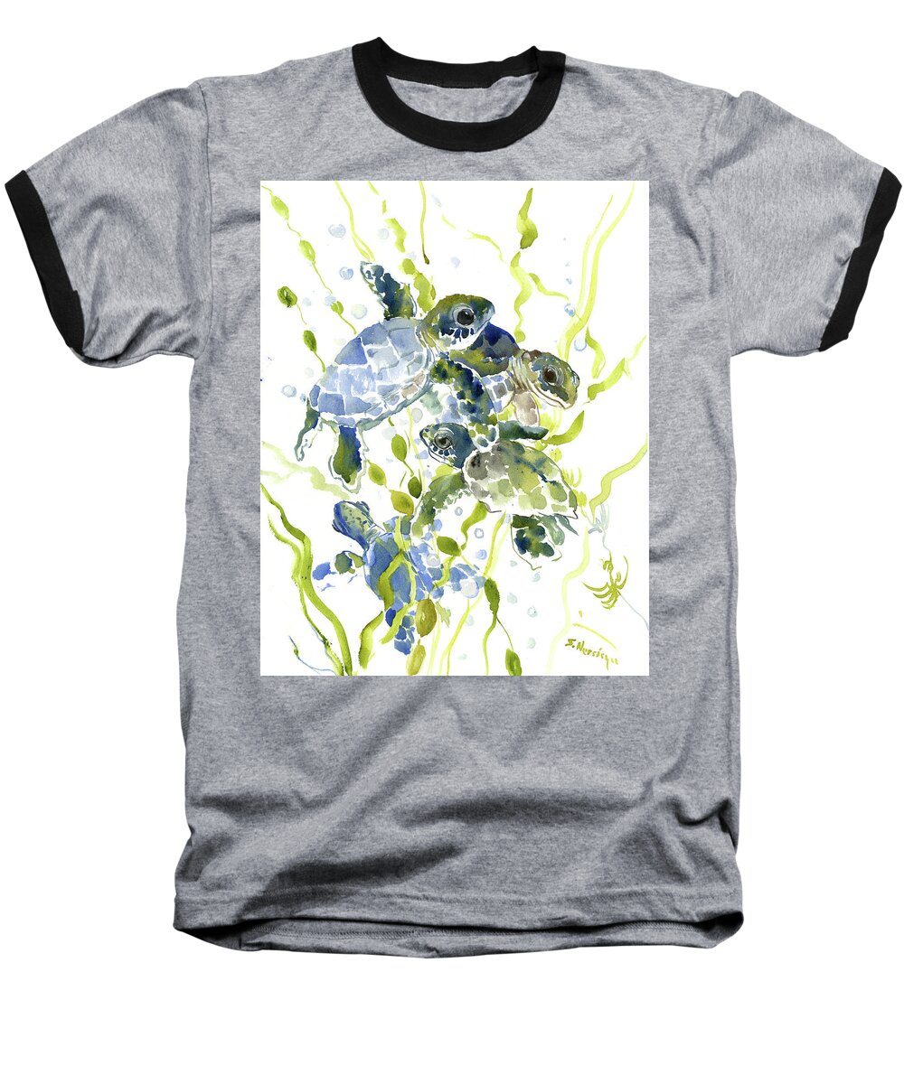Sea Turtle Art Baseball T-Shirt featuring the painting Baby Sea Turtles in the Sea by Suren Nersisyan