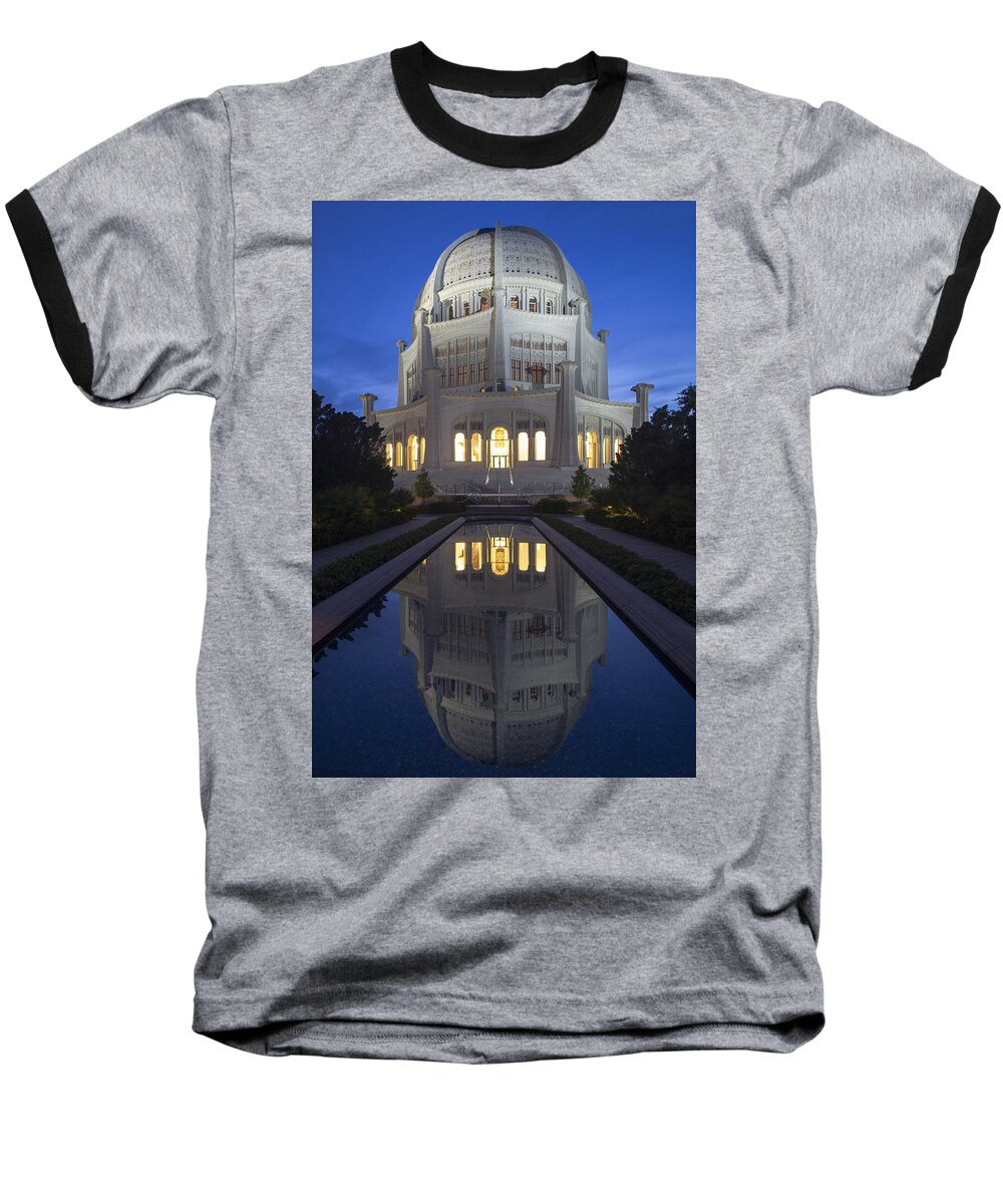 Temple Baseball T-Shirt featuring the photograph Bah'i Temple with reflection pool at dusk by Sven Brogren