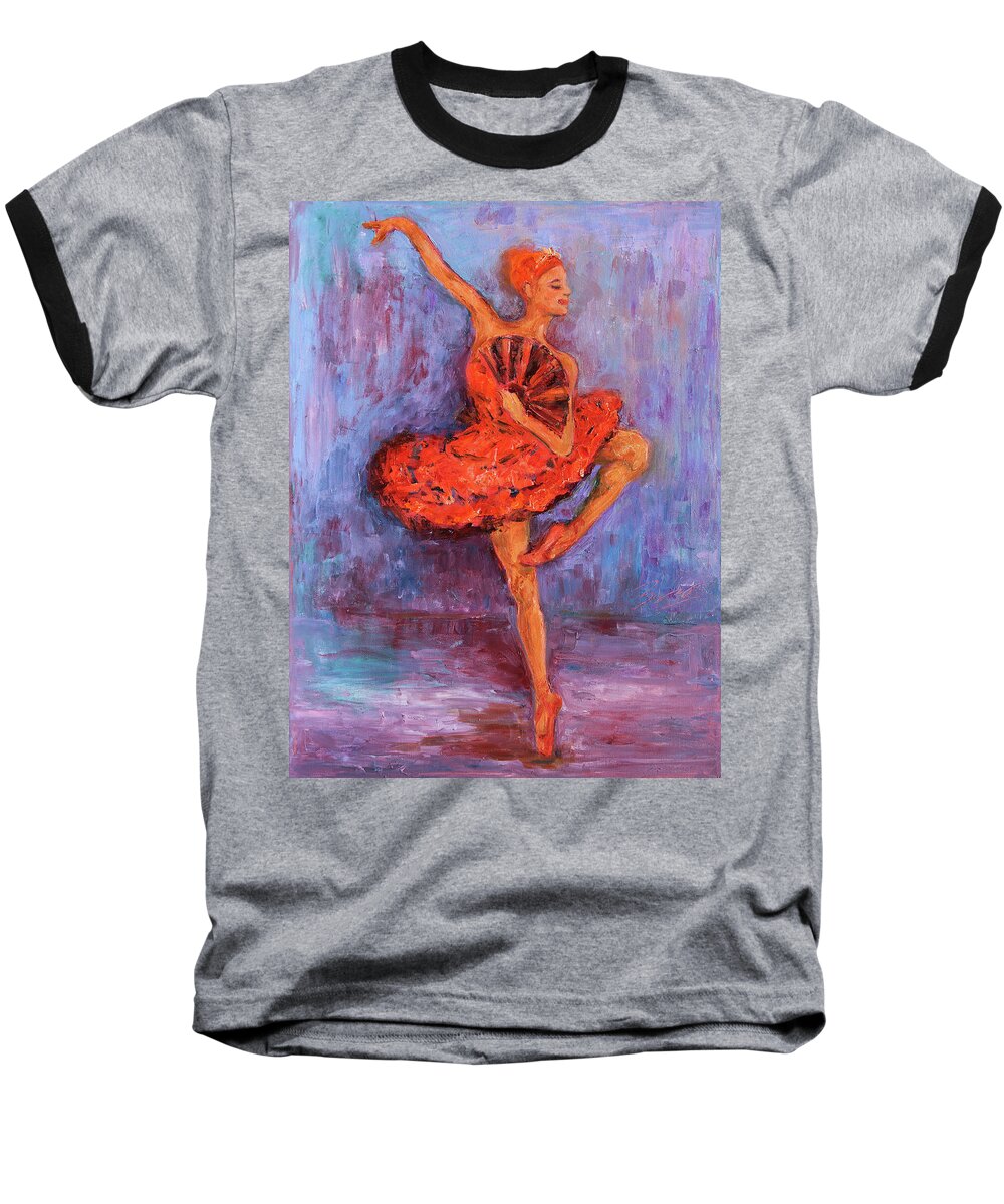 Figurative Baseball T-Shirt featuring the painting Ballerina Dancing with a Fan by Xueling Zou