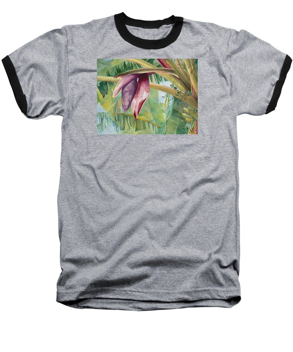 Bananas Baseball T-Shirt featuring the painting Banana Flower by AnnaJo Vahle