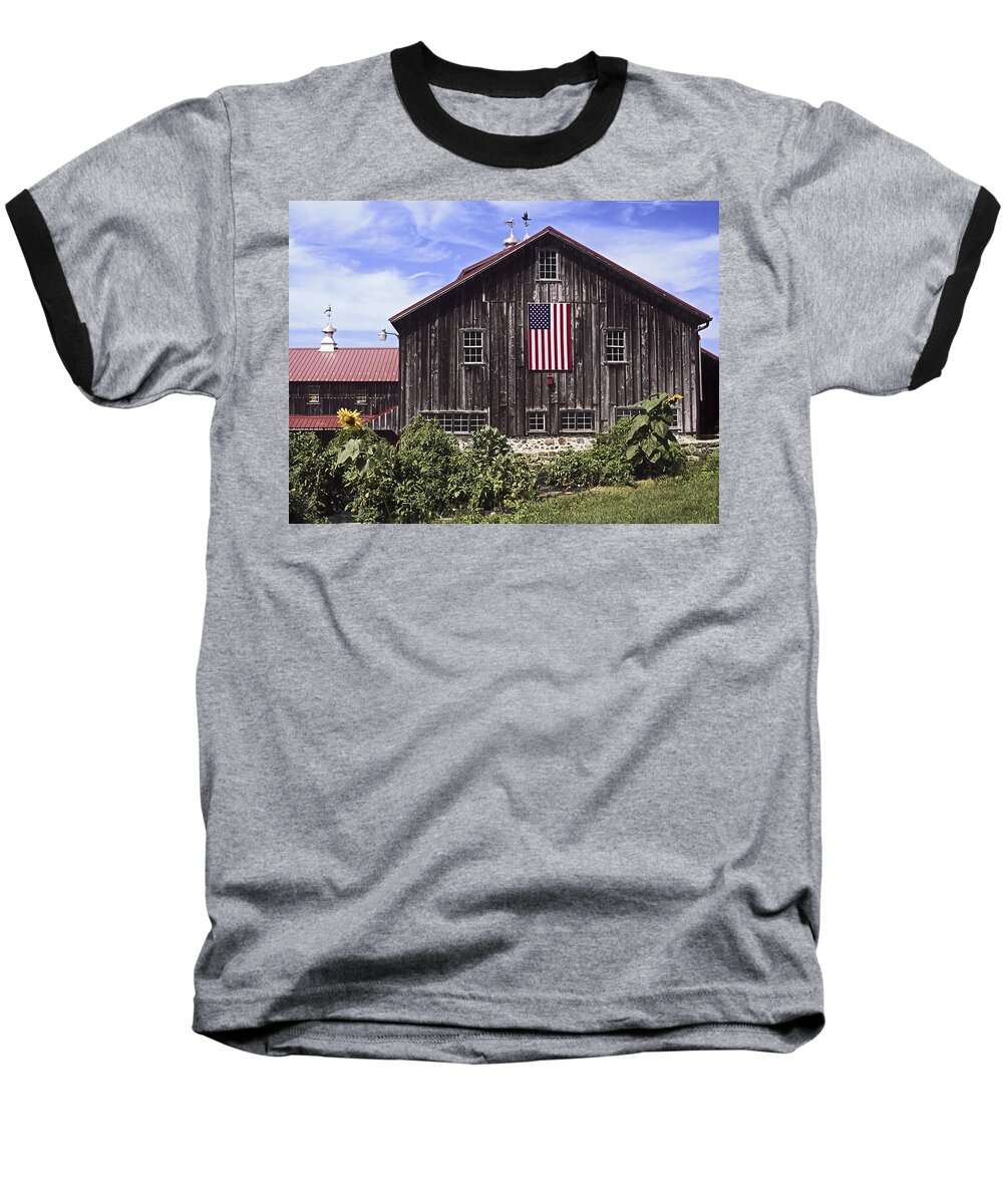 Large Brown Barn Baseball T-Shirt featuring the photograph Barn and American Flag by Sally Weigand