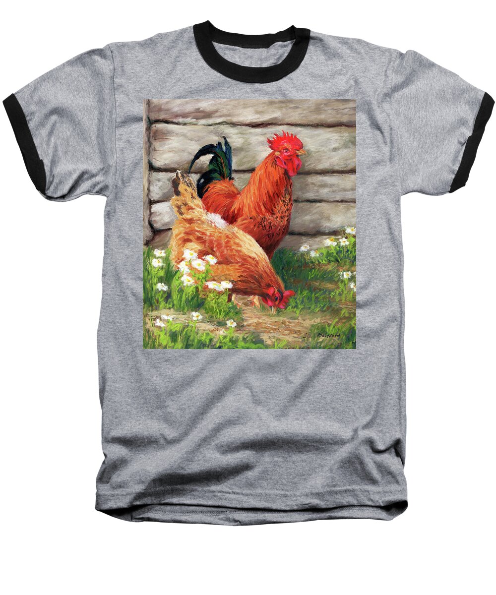 Chickens Baseball T-Shirt featuring the pastel Barnyard Buddies by Vikki Bouffard