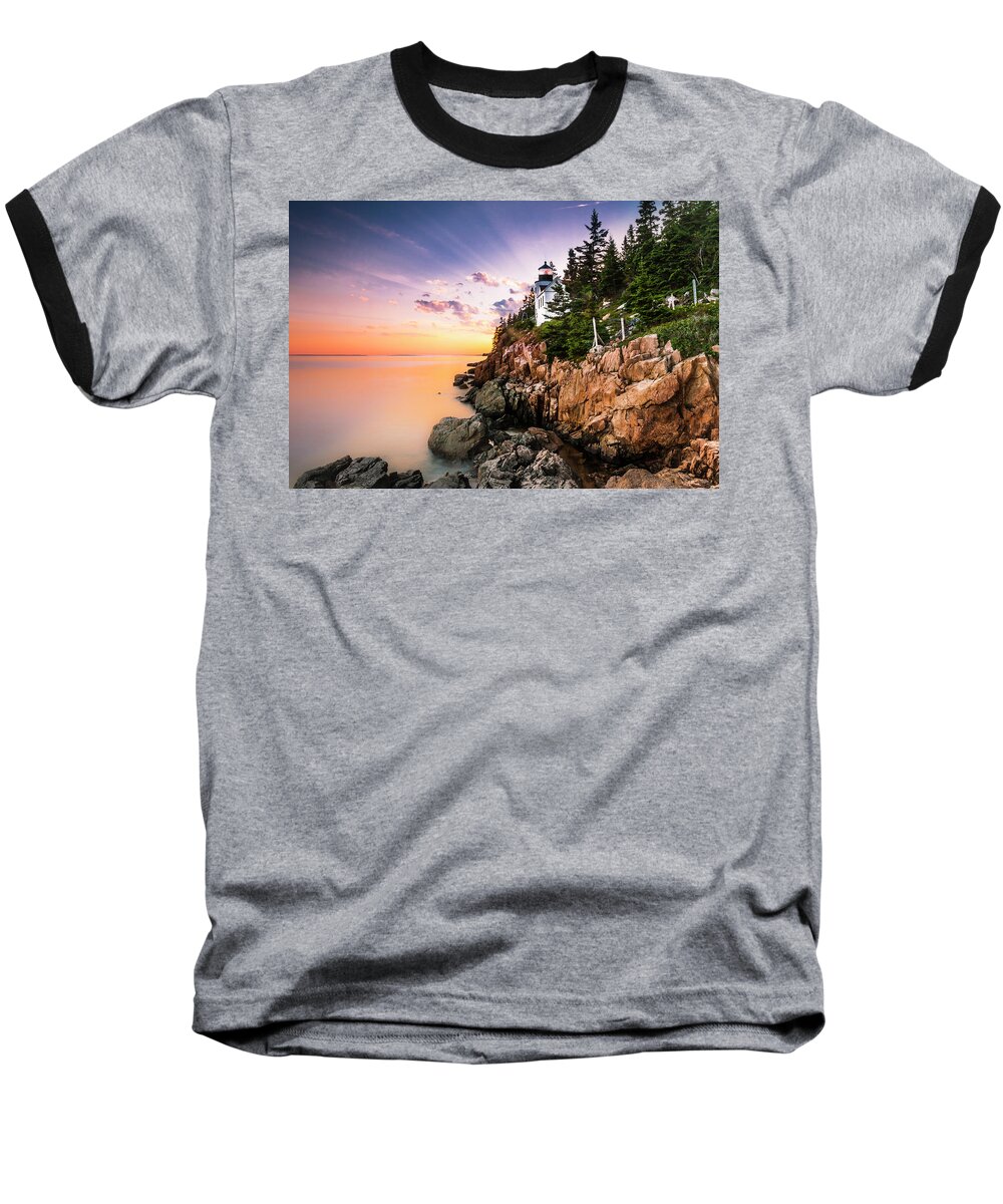 Sunset At Bass Harbor Lighthouse In Acadia Maine Baseball T-Shirt featuring the photograph Bass Harbor Lighthouse Sunset by Ranjay Mitra