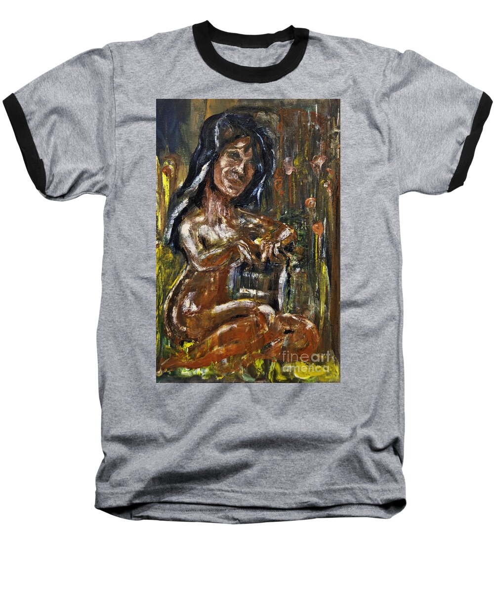 Bather Baseball T-Shirt featuring the painting Bathing Bruntette And Book by James Lavott