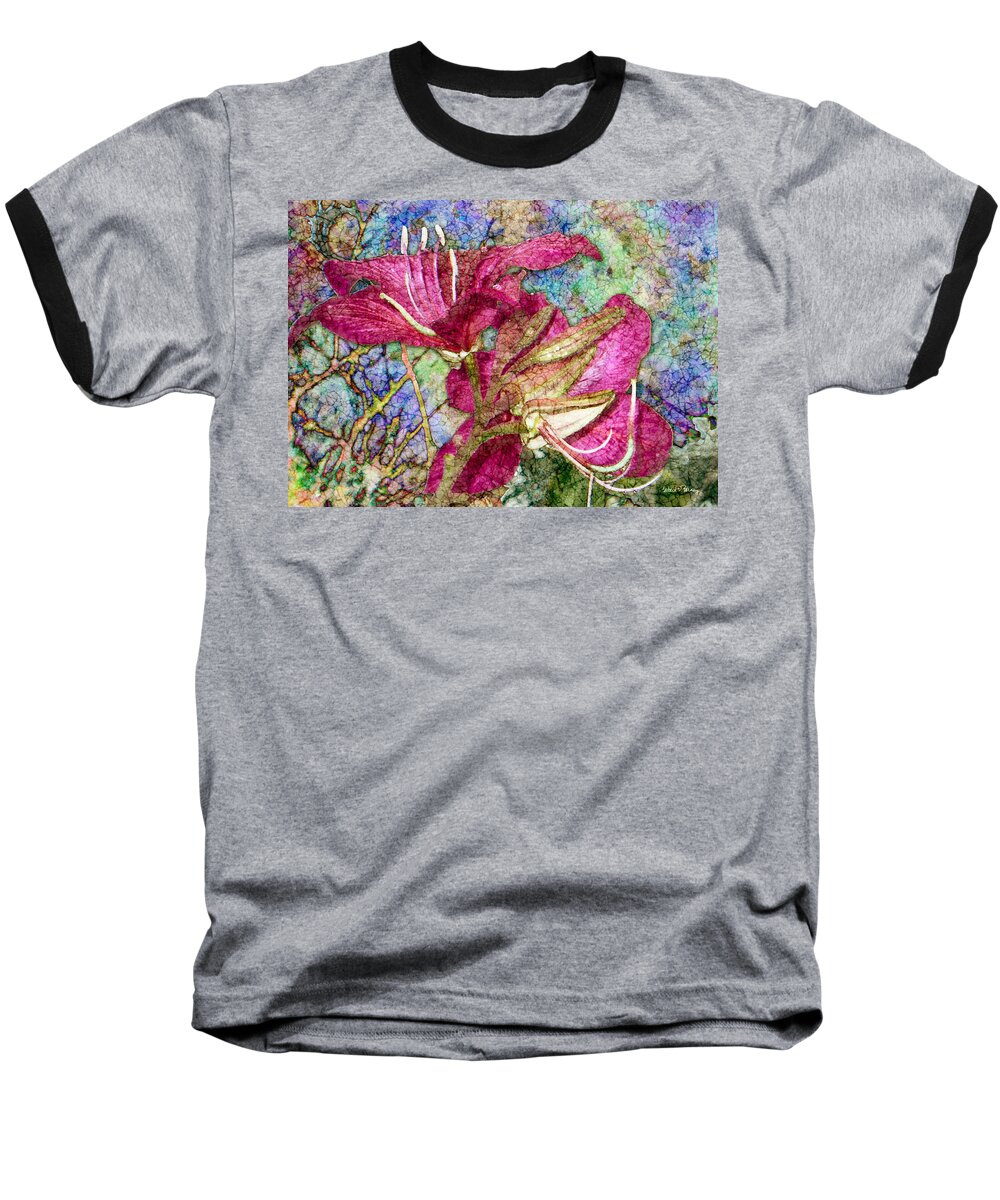 Batik Baseball T-Shirt featuring the digital art Batik Lilies by Barbara Berney