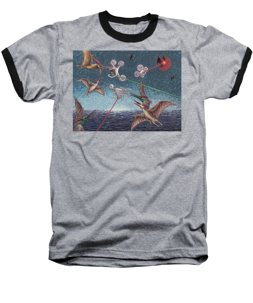 Pterosaurs Baseball T-Shirt featuring the painting Battle of Pterosaurs and Drones by Holly Wood