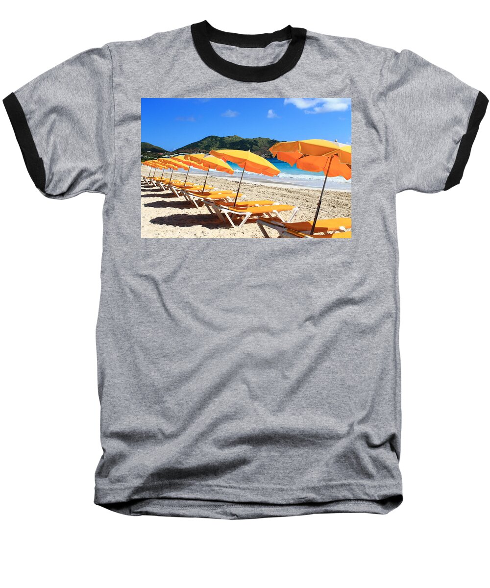 Yellow Beach Umbrellas Baseball T-Shirt featuring the photograph Beach umbrellas by Catie Canetti