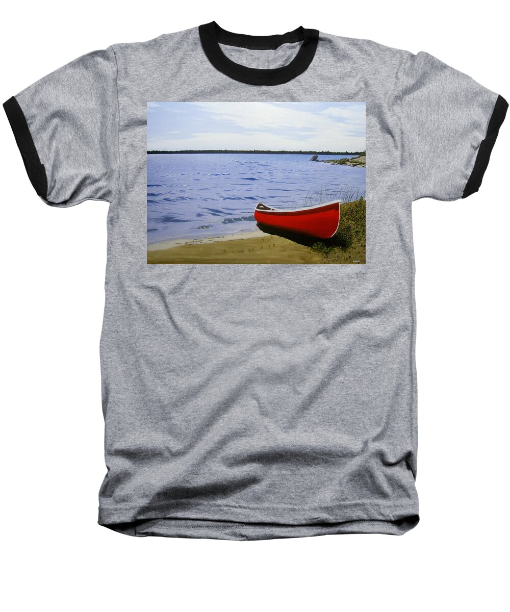Landscpaes Baseball T-Shirt featuring the painting Beautiful Red Canoe by Kenneth M Kirsch