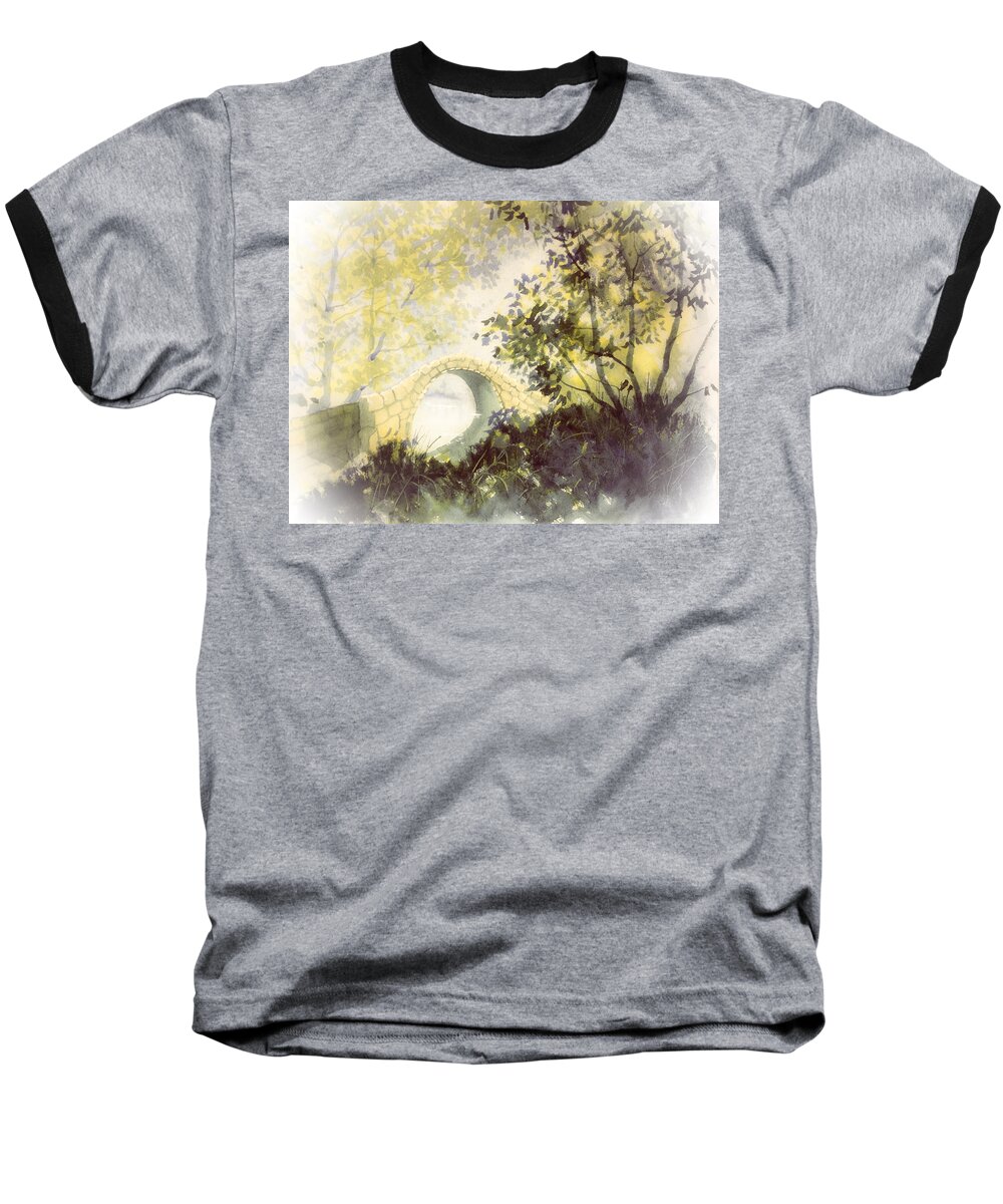 Glenn Marshall Artist Baseball T-Shirt featuring the painting Beggar's Bridge Vignette by Glenn Marshall