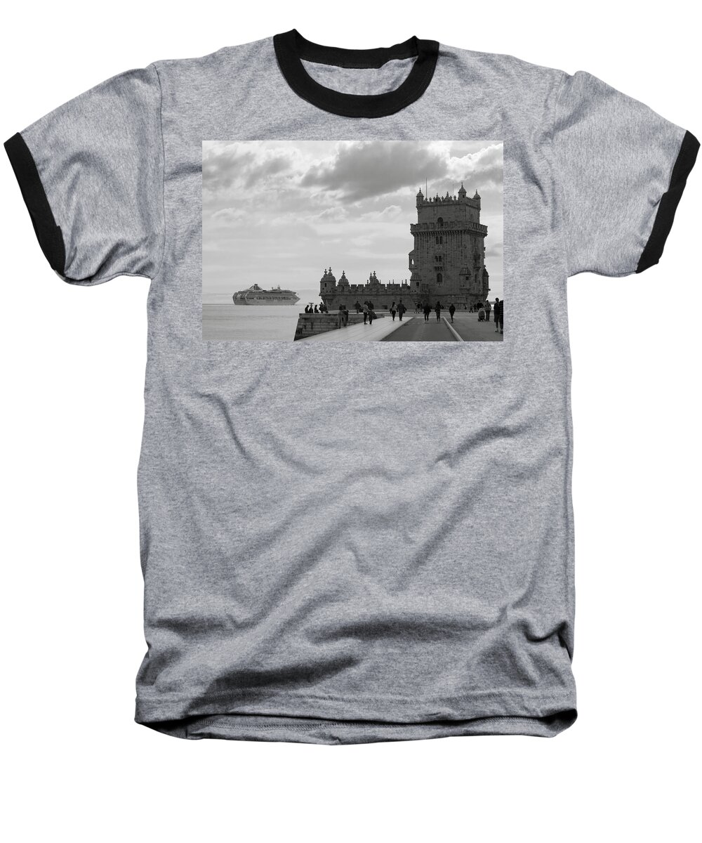 Lisbon Baseball T-Shirt featuring the photograph Belem and the Boat by Lorraine Devon Wilke