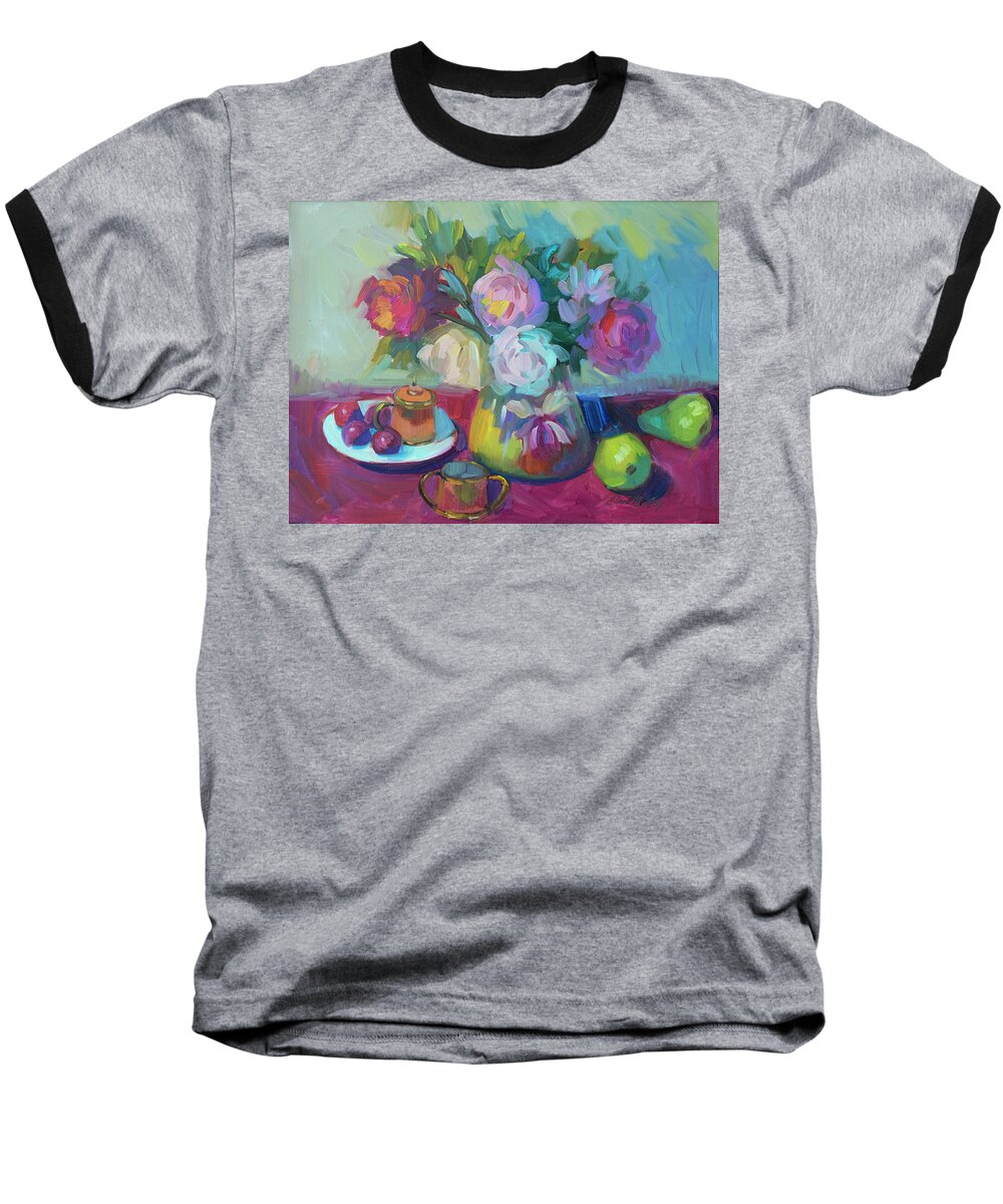 Floral Baseball T-Shirt featuring the painting Belgian Creamer and Sugar by Diane McClary